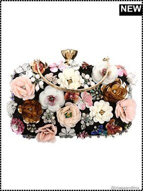 Floral Evening Clutch Satin Sequin Beaded Flower Handbag with Metal Chain